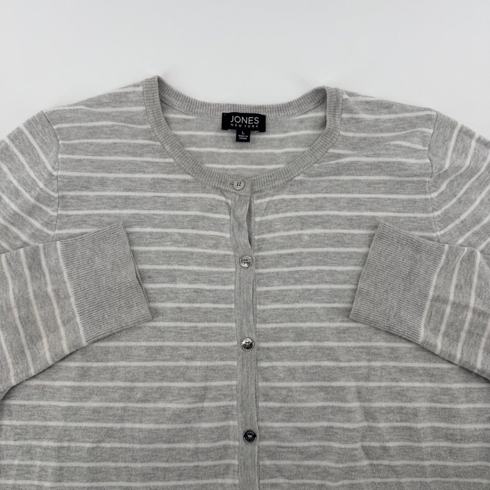 Jones New York Striped Cardigan Sweater Button Front Gray White Large L